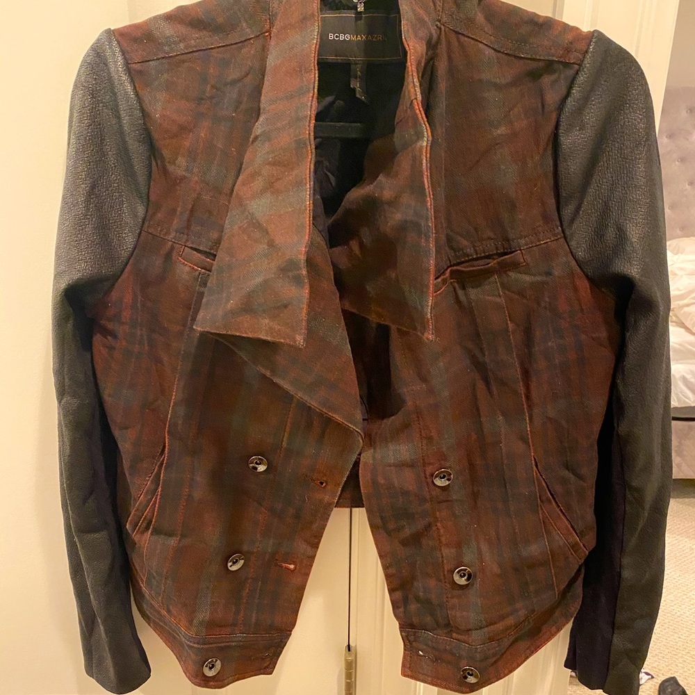 BCBG leather arms plaid Jacket size s